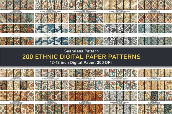 Download 200 Ethnic Digital Paper Patterns – JPG - Pattern Collection